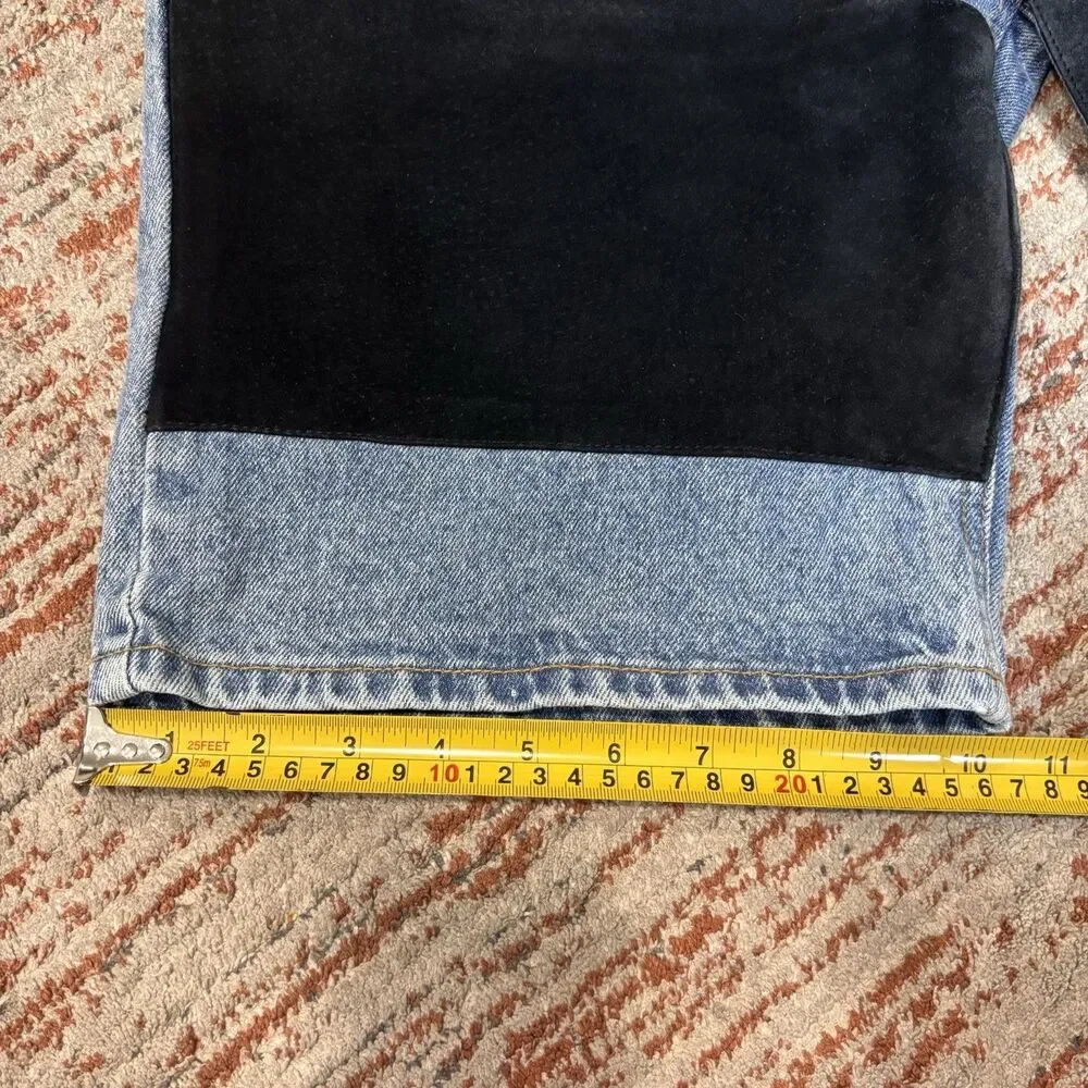 Vintage 90s Servuchi Paris Denim Shorts Black Suede Panel Baggy Size 9/10